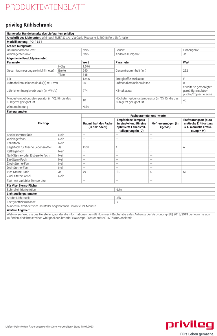 PRIVILEG Einbau-Kühl-Gefrierkombination PCI 16S2 - LessFrost 158cm Nische